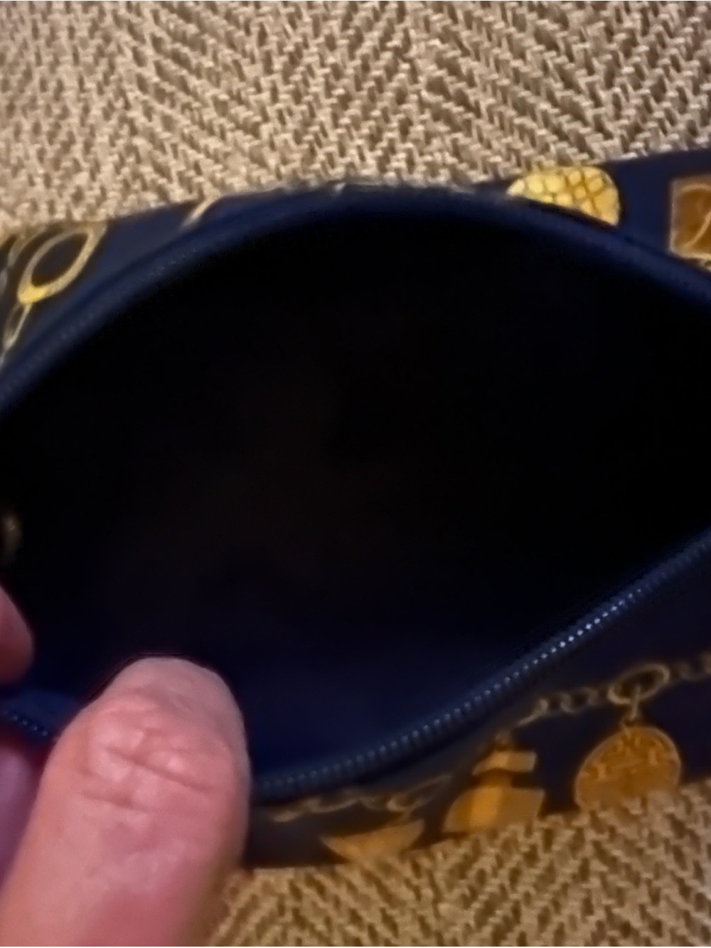Navy Blue Zip Pouch with Gold Chain Print